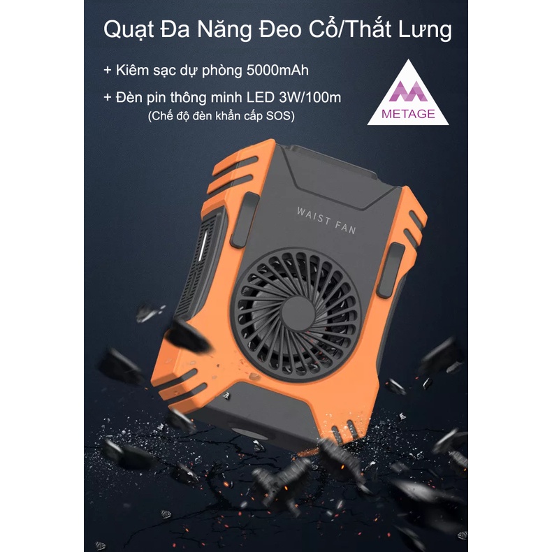Quạt Đeo Thắt Lưng Đa Năng METAGE Tích Hợp Sạc Dự Phòng Và Đèn Pin SOS Mang Đi Cắm Trại Tiện Dụng
