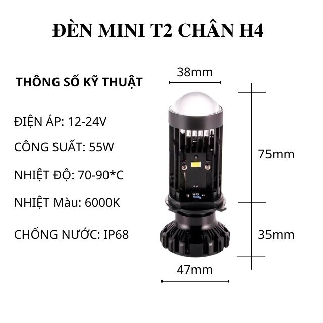 Đèn Pha Bi LED T2 Chân H4 12V Dành Cho Ô Tô Và Xe Máy