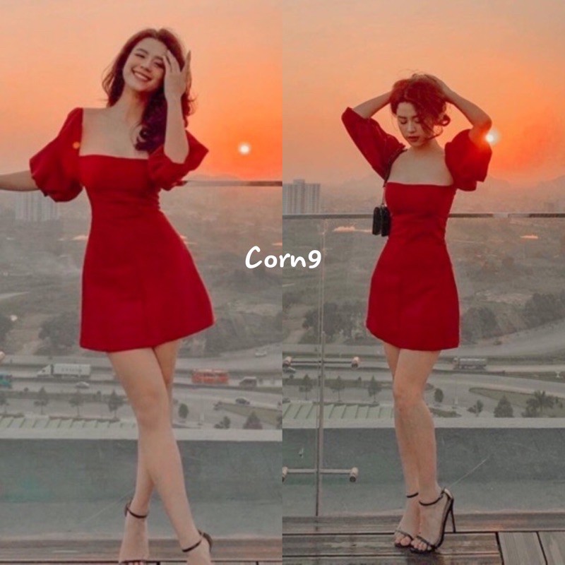 ĐẦM ĐỎ ĐÔ CÚP RỚT VAI TAY PHỒNG | có đệm ngực sẵn |