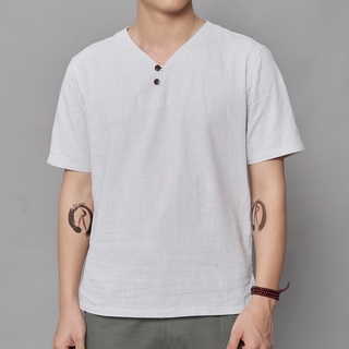 Áo linen cộc tay cổ V 2 nút cài Rough