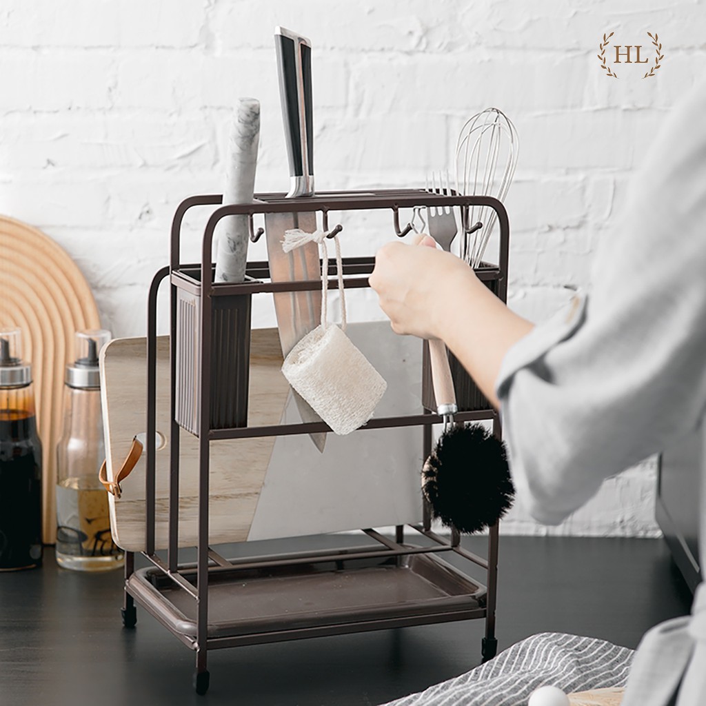 Kệ gài dao thớt đa năng nâu | KỆ GÀI DAO THỚT KÈM ỐNG CẮM ĐŨA ĐA NĂNG SƠN TĨNH ĐIỆN | BigBuy360 - bigbuy360.vn