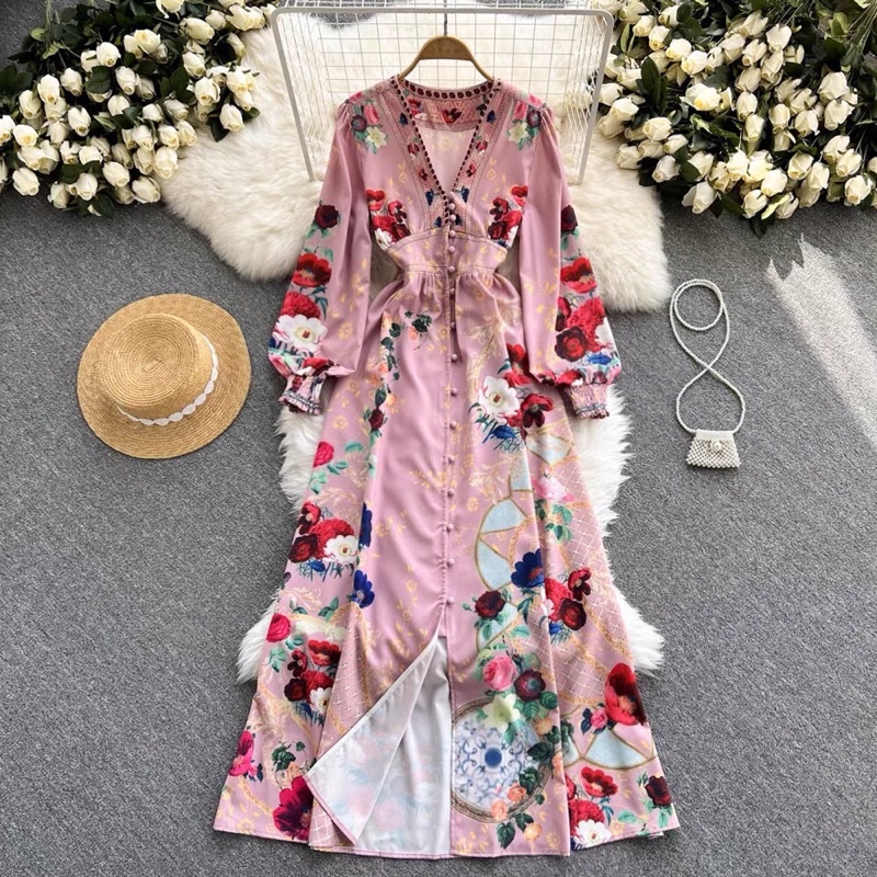 Đầm maxi hoa hồng dáng sơ mi cổ v tay dài bồng tiểu thư Quảng Châu-T1024