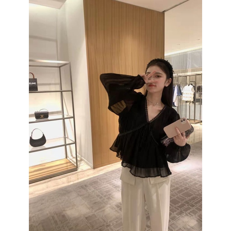 Áo Sơ Mi chiffon Mỏng Tay Dài Cổ Chữ v Phối Ren Phong Cách Hàn Quốc Mới Dành Cho Nữ