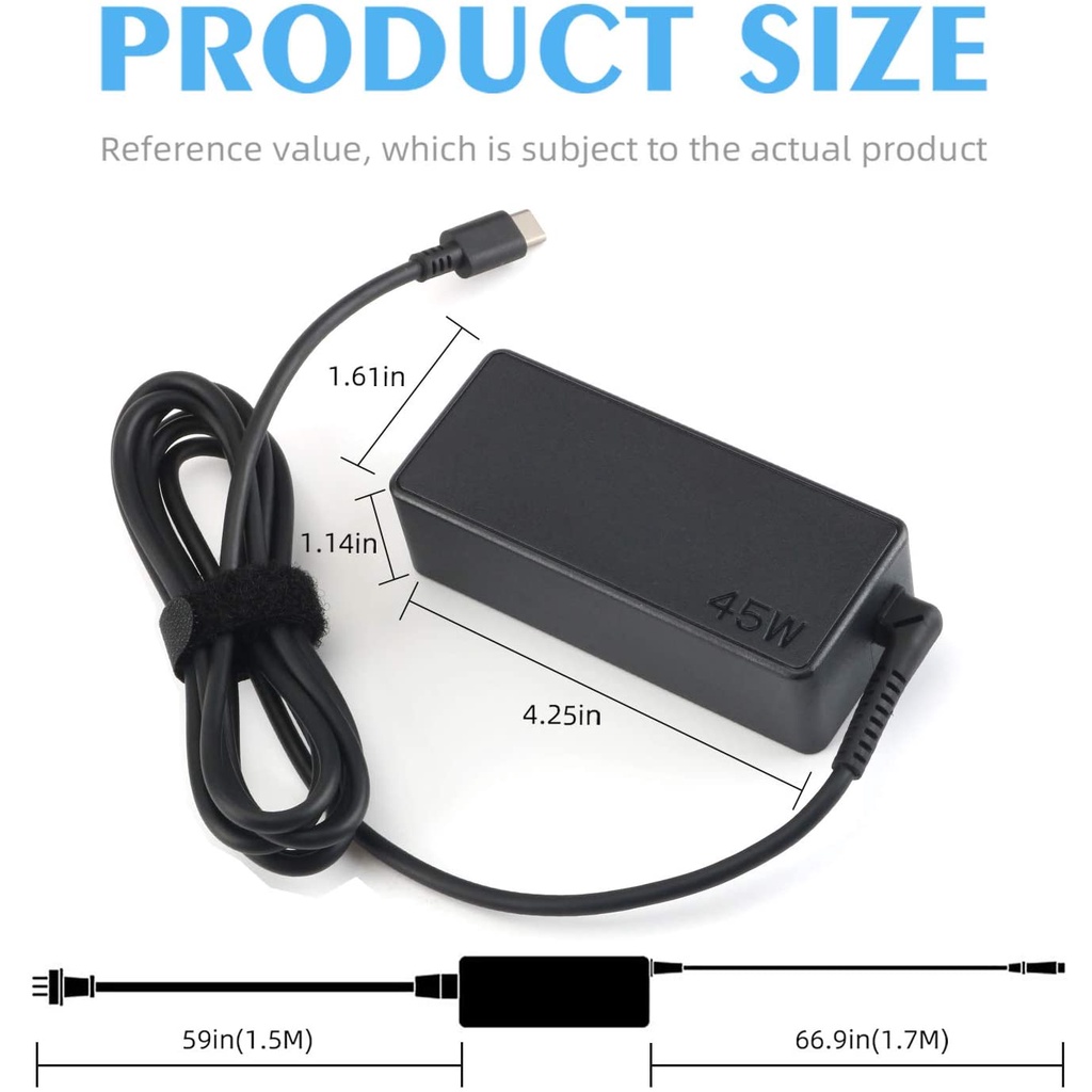 Bộ Chuyển Đổi Nguồn USB Loại C 45W Cho Laptop Lenovo Chromebook Thinkpad Yoga; HP Chromebook X360, Spectre X360; Dell Xps; ASUS ZenBook Chromebook Notebook
