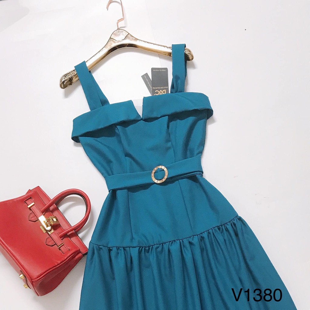 Váy hai dây xanh xẻ ngực dáng xòe v1380 - DVC (ảnh mẫu mặc ảnh trải sàn shop tự chụp) đầm đi biển