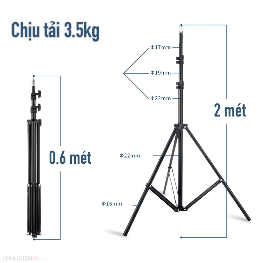 Giá đỡ 3 chân đa năng siêu cao 2 mét gắn đèn led, gắn điện thoại, máy tính bảng hỗ trợ livestream, quay video