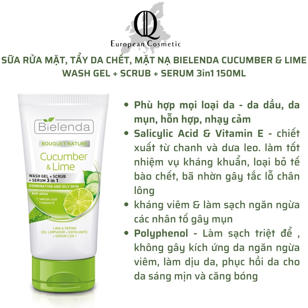 Sữa rửa mặt Bielenda tẩy da chết 3in1 cucumber lime Wash Gel, Scrub, Serum 150ml