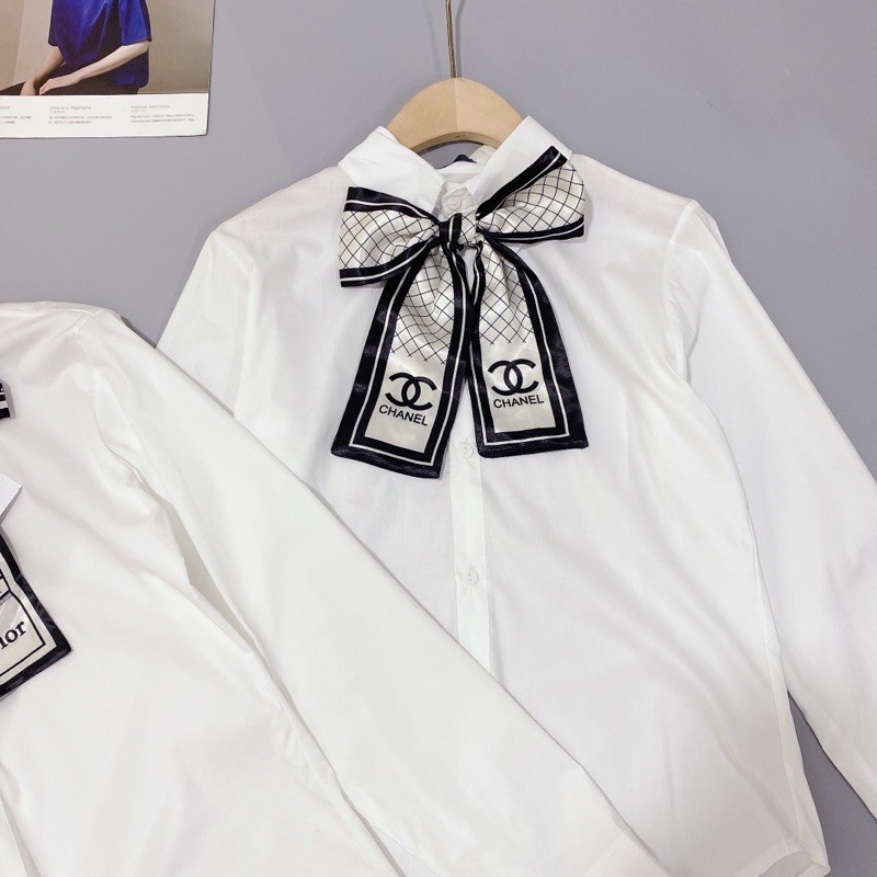 Áo sơ mi trắng thô kèm nơ cài chất siêu đẹp, Áo sơ mi dài tay SM1419 - NhiNhi Shop