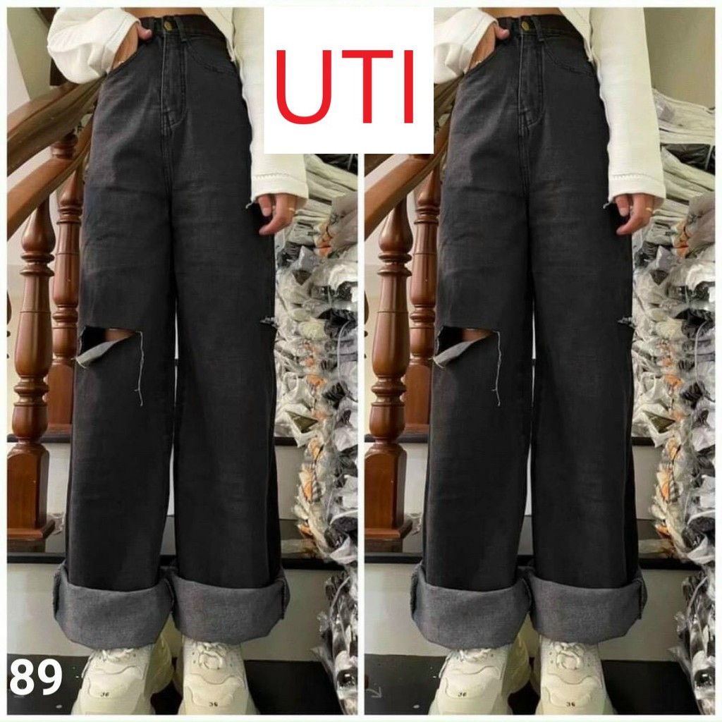 QUẦN JEAN ỐNG RỘNG NỮ LƯNG CAO MÀU XÁM ĐEN L TO ĐÙI PHẢI CAO CẤP UTI ĐỦ SIZE S, M, K FORM DÀI RỘNG LAI CUỐN