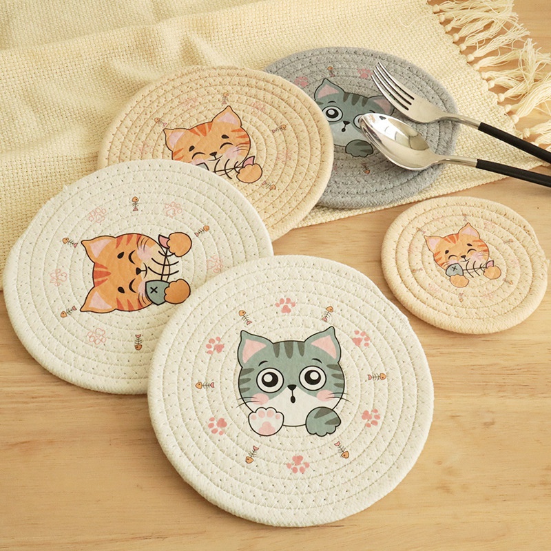 Tấm Lót Bàn Ăn Bằng Dây Cotton Bện Cách Nhiệt In Hình Mèo Dễ Thương Trang Trí Nhà Cửa