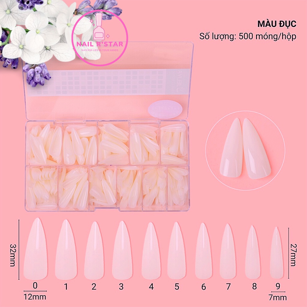 Móng úp phom nhọn Jieliya chính hãng - hộp 500 móng ốp nhựa dẻo phom đẹp đủ size không cần dũa NAIL R’STAR