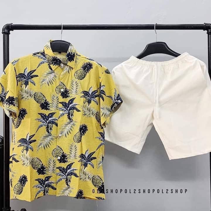 Áo sơ mi hoa lá Áo đi biển nhóm đi biển hạo tiết hoa lá thời trang chất liệu đũi pha cotton mặc thoáng mát