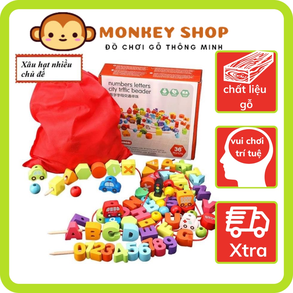 Đồ Chơi Gỗ Chuỗi Xâu Dây Monkeyshop Cho Bé Học Chữ Cái, Số Đếm Và Phương Tiện Giao Thông Phát Triển Trí Tuệ