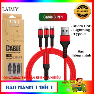 Cáp sạc đa năng 3 đầu Lightning - MicroUSB - Type-C dài 1m2 sạc 3 thiết bị cùng một lúc - LAIMYSHOP