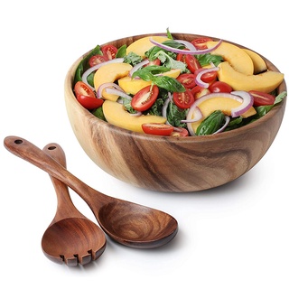 Bát gỗ lớn 9.4 inch đựng salad kèm muỗng