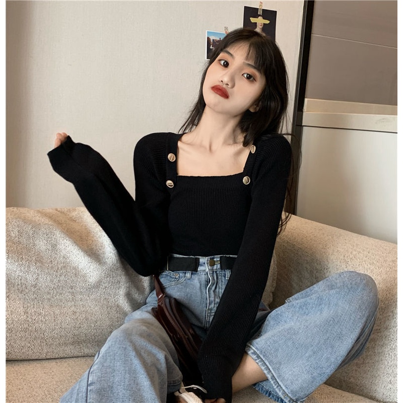 Áo dệt kim tay dài cổ vuông phối hàng nút phong cách Hàn Quốc