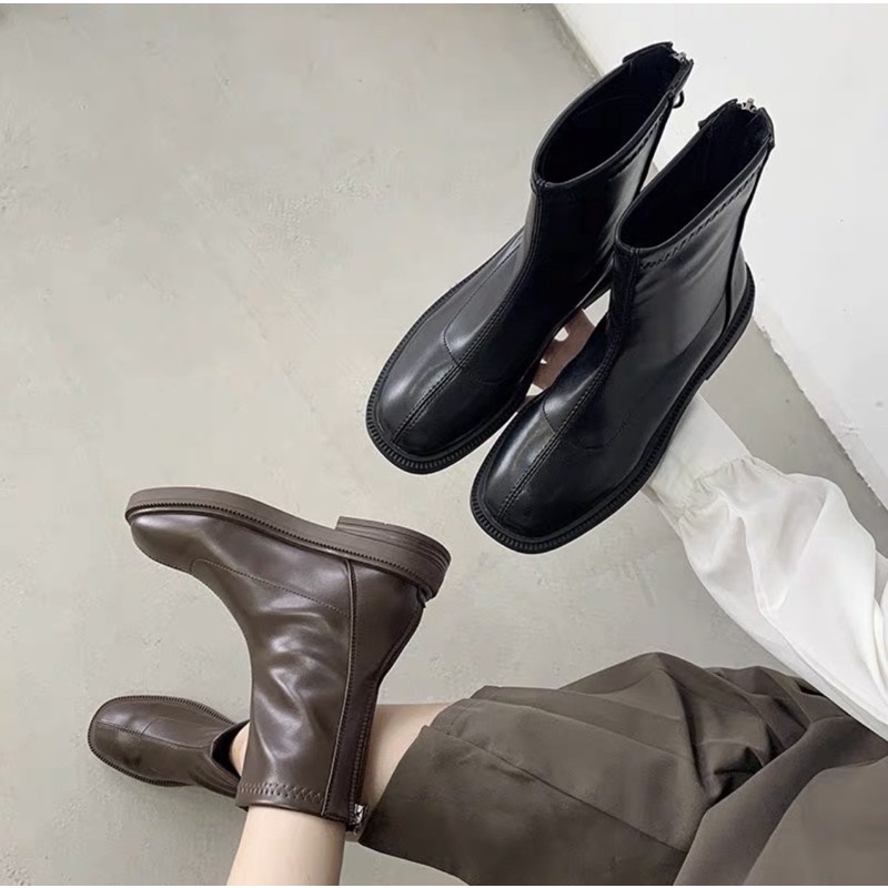 Giày Boot Cổ Cao Ulzzang Đế Bằng Mũi Vuông Khóa Sau Cùng Lớp Lót Siêu Ấm Siêu Thời Trang Cho Nữ
