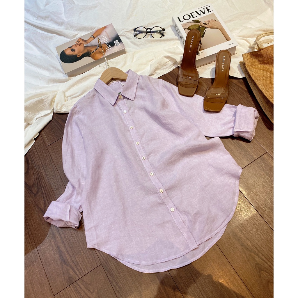 Áo sơ mi tím nhạt linen cúc trai thiết kế Lalastyle