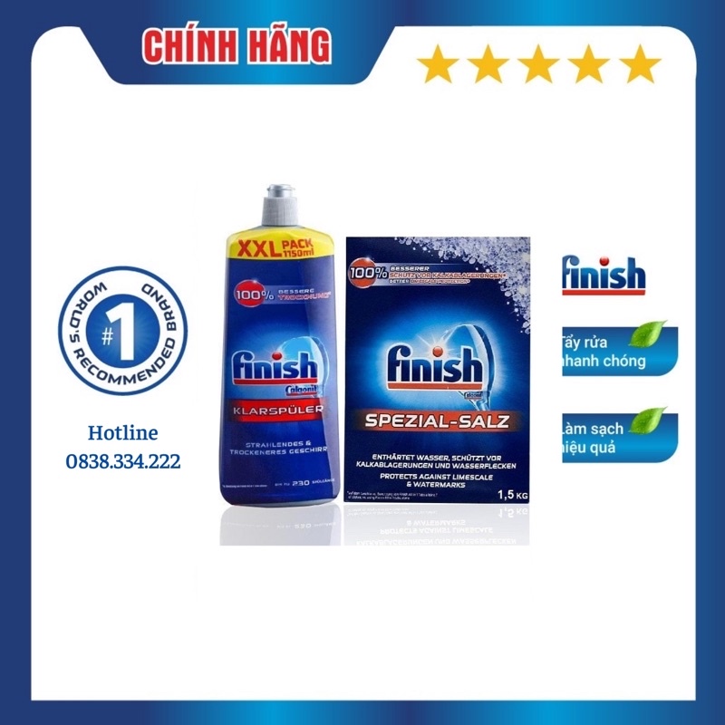 Combo muối Finish 1,5kg và chất làm bóng (chất xả) Finish 1150mml DÀNH CHO MÁY RỬA CHÉN