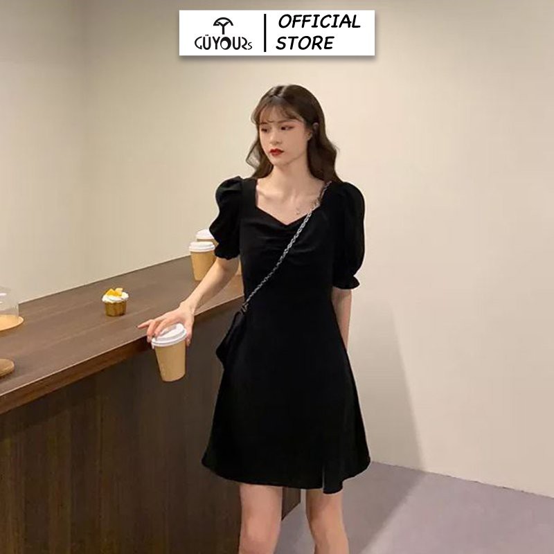 Váy xòe dự tiệc GUYOURs thiết kế cổ nhún váy xẻ tà vải tuyết mưa cao cấp màu đen GUV113 | BigBuy360 - bigbuy360.vn