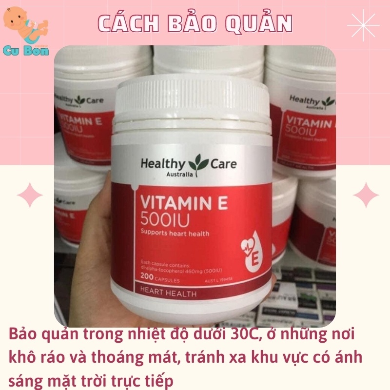 Viên uống Healthy Care Vitamin E 500IU, Úc 200 viên hỗ trợ tái tạo, làm đẹp da và tóc hỗ trợ sức khỏe tim mạch