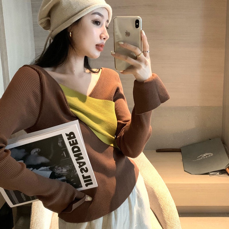 Áo Sweater Tay Dài Vạt Chéo Màu Tương Phản Độc Đáo Thời Trang 2022 Cho Nữ