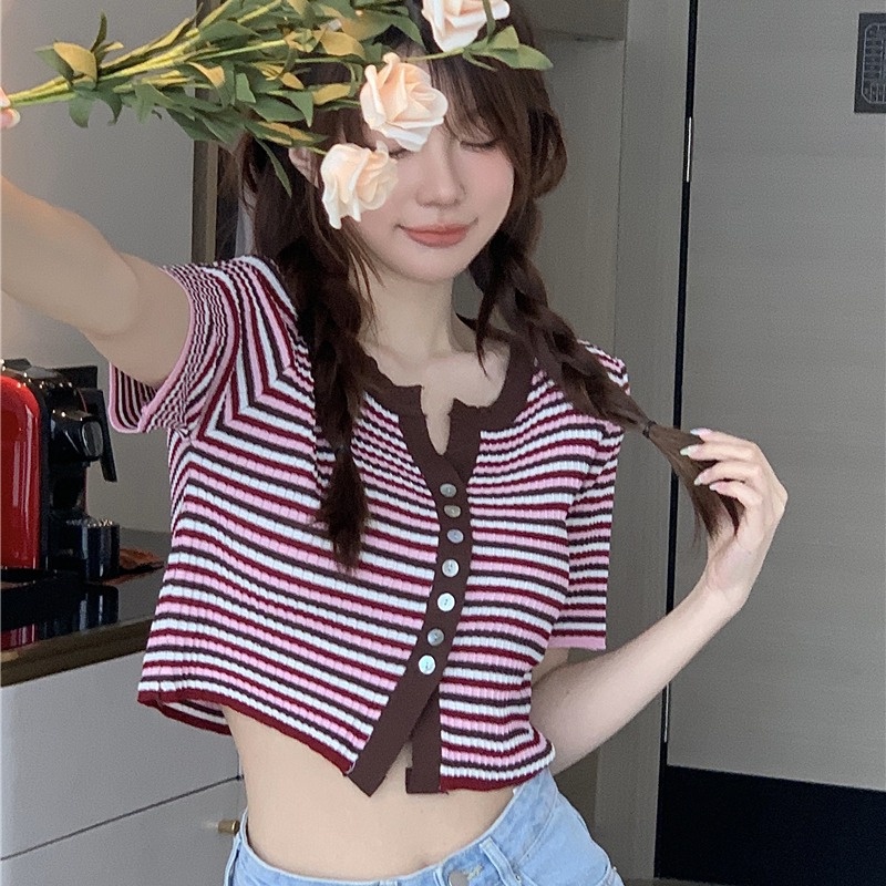 【ZHELIHANGFEI】Áo Cardigan Dệt Kim Ngắn Tay Cổ Tròn Lưng Cao Họa Tiết Kẻ Sọc