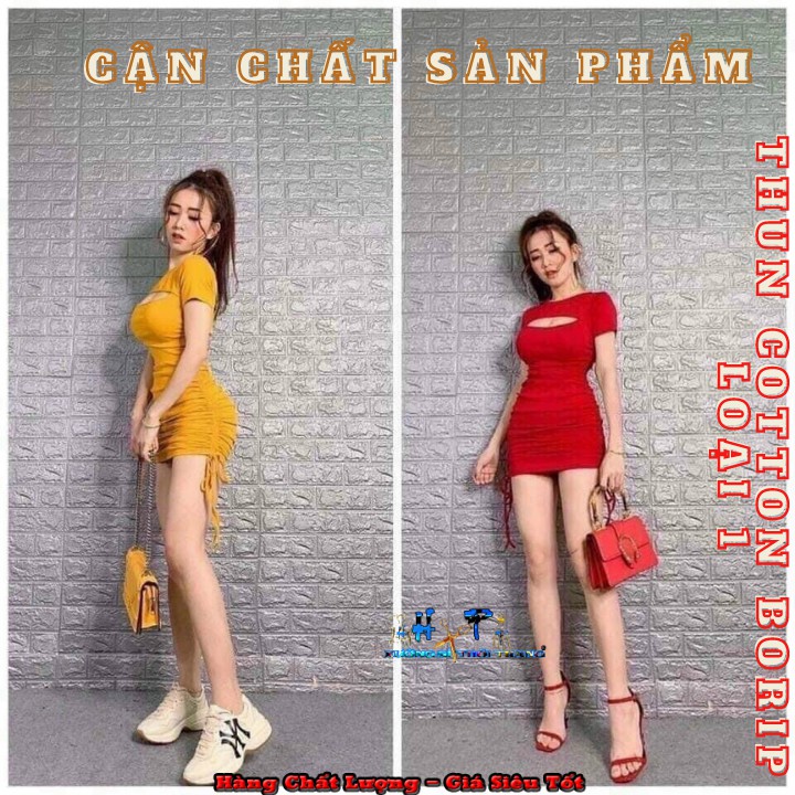 Váy Đầm body sexy ngắn tay xẻ ngực rút dây cổ tròn mẫu mới  thời trang 2021