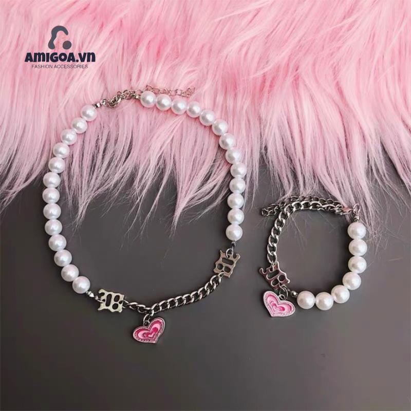 ✨✨Vòng Tay/Vòng Cổ Đính Hạt Ngọc Trai Trái Tim Màu Hồng Phong Cách Hàn Quốc Cổ Điển Thời Trang Cho Nữ