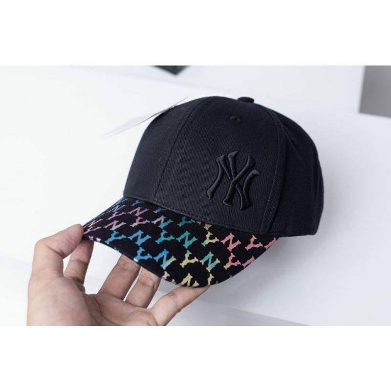 Nón lưỡi trai MLB monogram chất cotton Hàn Quốc cao cấp logo thêu nổi, nón kết màu đen