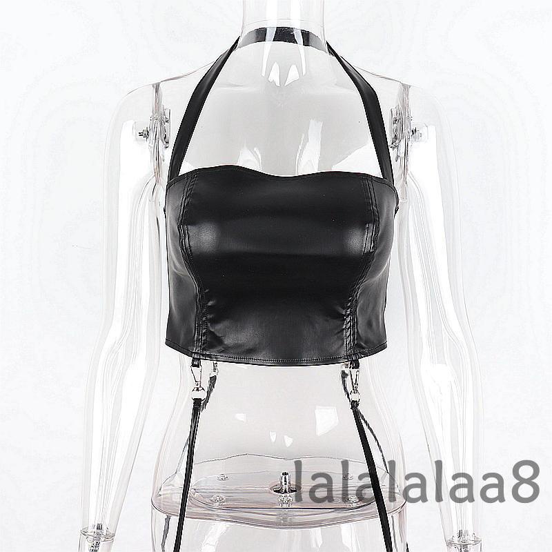 LAA8-Women Halter Neck Solid Color Sleeveless Slim Fit Zipper Back Buckle Straps Casual Tank Top