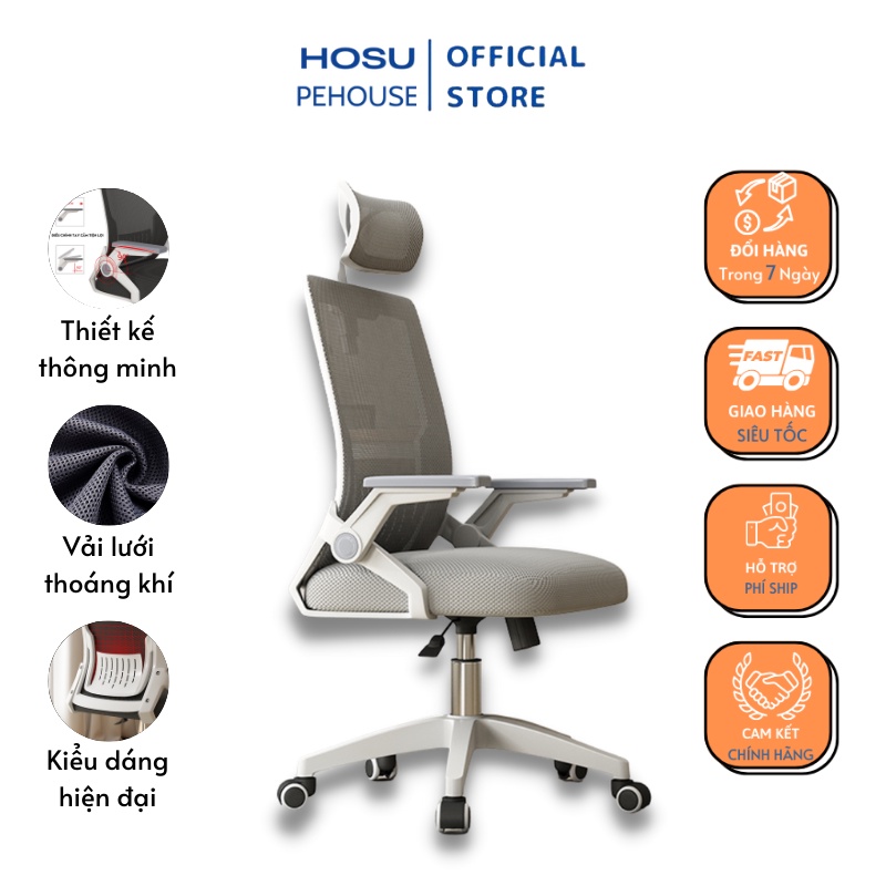 Ghế xoay văn phòng PEHOUSE ngả lưng 35 độ, vải lưới thoáng khí,có tựa đầu và cổ, tựa tay gập 90 độ chịu tải trọng 120kg