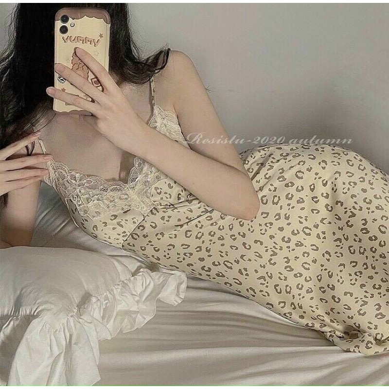 Váy ngủ lụa da beo nâu kèm mút ngực siêu xinh QUẢNG CHÂU cao cấp