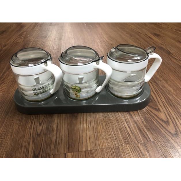 BỘ 3 LỌ GIA VỊ THUỶ TINH CAO CẤP có khay nhựa