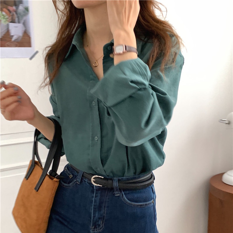 SUXI Áo Sơ Mi Dài Tay Màu Sắc Đơn Giản Phong Cách Hàn Quốc