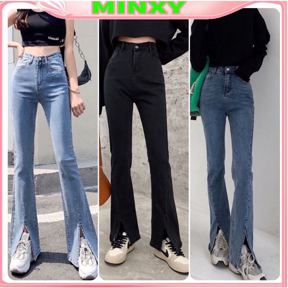 Quần jean ống loe xẻ gấu full cạp cao hách dáng,chất bò co giãn tốt 2 màu đen-xanh