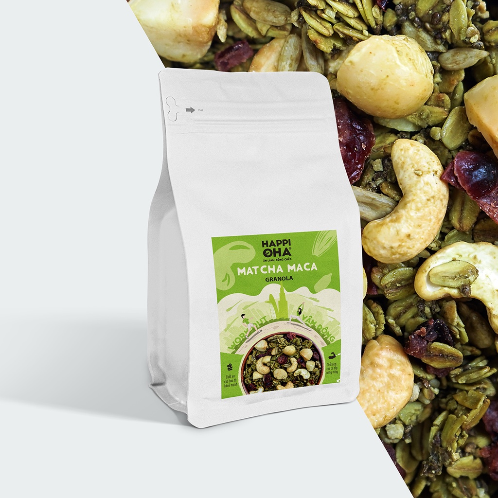 Ngũ Cốc Ăn Sáng/Ăn Kiêng Không Đường Tinh Luyện Vị Matcha 240g/400g - Granola Matcha Maca HAPPI OHA