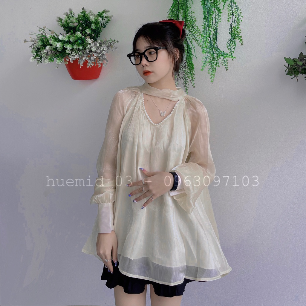 áo cổ ngọc, cổ V đính ngọc sang chảnh tiểu thư, tay áo bồng bềnh đính khuy | BigBuy360 - bigbuy360.vn