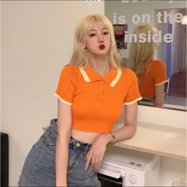 Áo croptop dệt kim ngắn tay có cổ thời trang mùa hè cho nữ