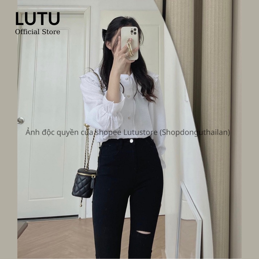 Áo sơ mi nữ đũi xốp viền bèo cúc ngọc - Áo sơ mi thiết kế