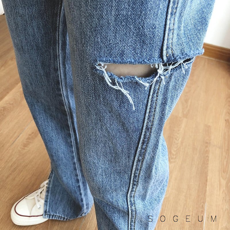 Quần jean nữ co giãn, Quần bò cạp cao ống vẩy rách xẻ tà màu xanh sogeum.store | BigBuy360 - bigbuy360.vn