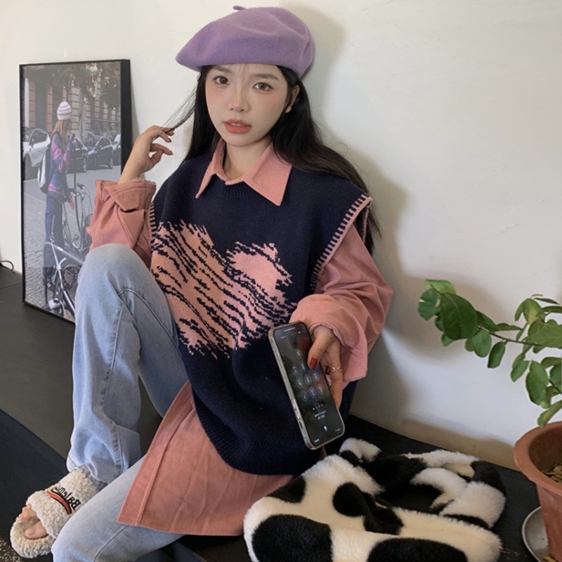 Áo Sweater Không Tay In Họa Tiết Trái Tim Màu Sắc Tương Phản Phong Cách Hàn Quốc Cho Nữ