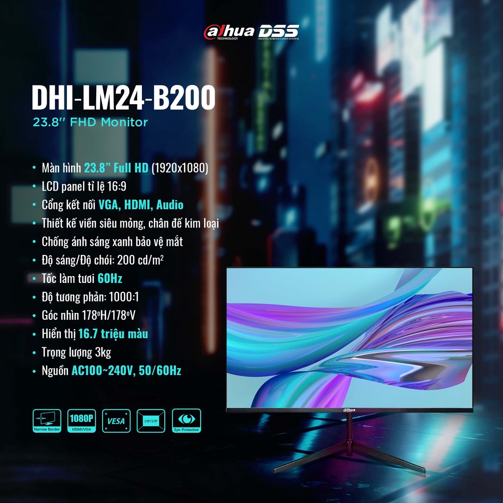 Màn Hình Máy Tính DHI-LM24-B200 (23.8 inch/FHD/IPS/60Hz/6ms/200nits/HDMI+VGA+Audio) - Hàng Chính Hãng Bảo Hành 24 Tháng