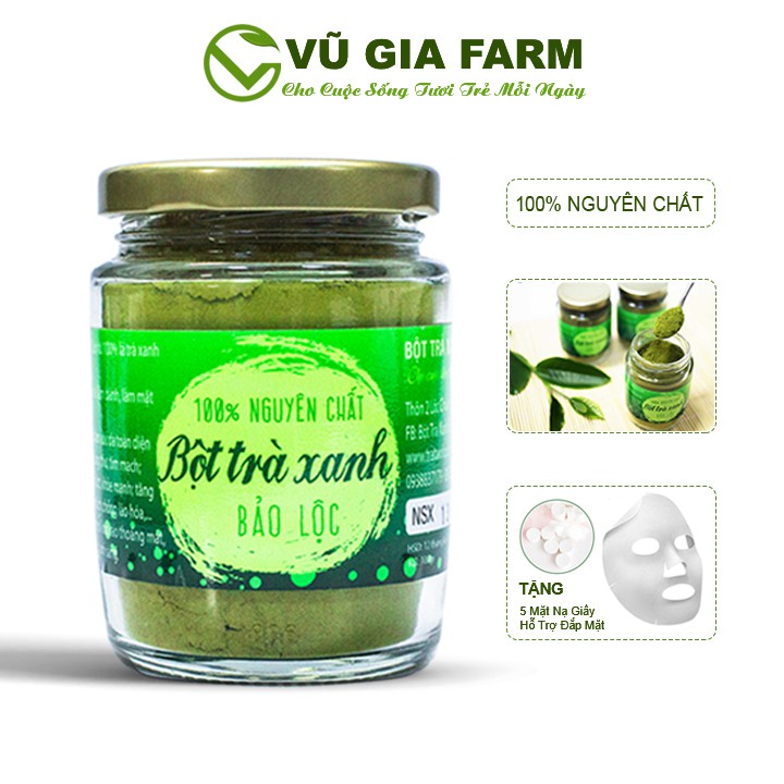 Bột Trà Xanh Nguyên Chất Bảo Lộc Vũ Gia (100gr/hũ) + Tặng 5 Mặt Nạ Giấy Đắp Mặt