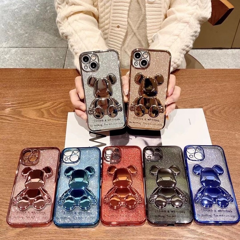 Ốp Điện Thoại Silicon Mạ Viền Họa Tiết Gấu Lấp Lánh Sang Trọng Cho iPhone 13 12 11 Pro Xs Max X Xr 8 7 Plus SE 2020