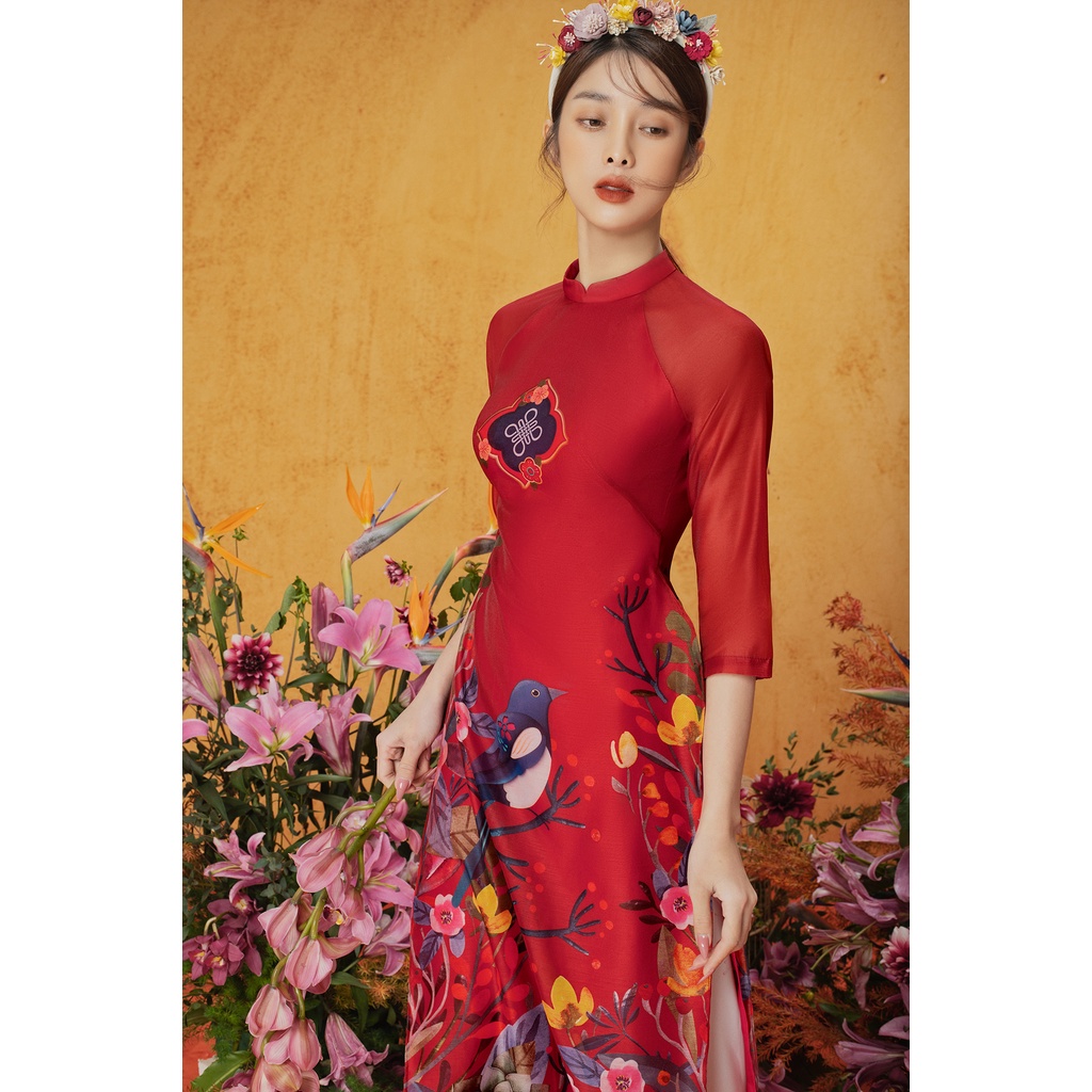 Áo dài đỏ, quần trắng in hoạ tiết 1AD1035 ADORE DRESS