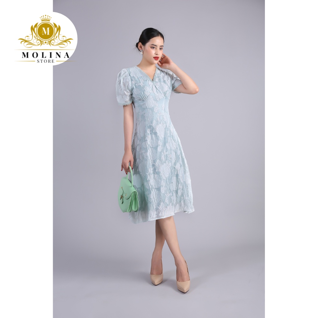 Đầm Xòe Vol Thiết Kế Molina Ren Hoa Nổi Cao Cấp, Cổ V Tay Bồng Điệu Đà, Dáng Dài Thanh Lịch Nữ Tính