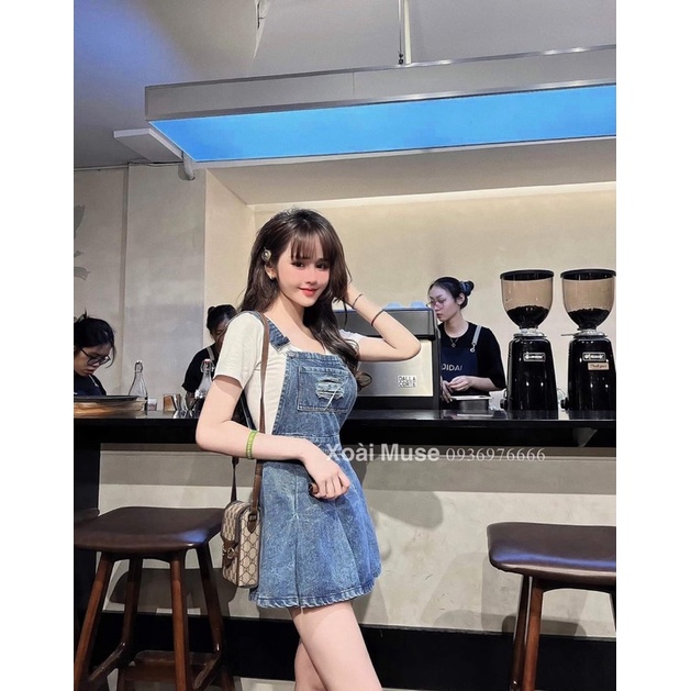 Đầm Yếm Jean Rách Xếp Li Siêu Xinh