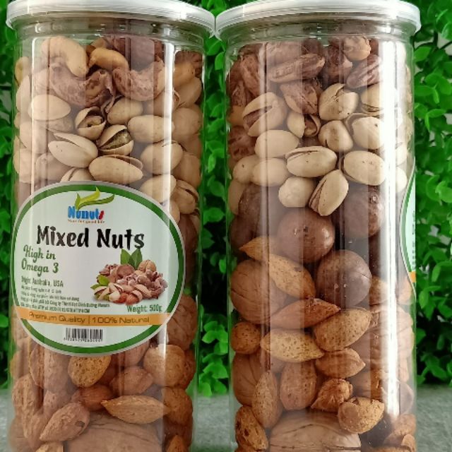 Mix 5 - Hạt Óc chó vàng, Hạnh nhân rang bơ, Macca, Hạt dẻ, Hạt điều - Hộp 500gr