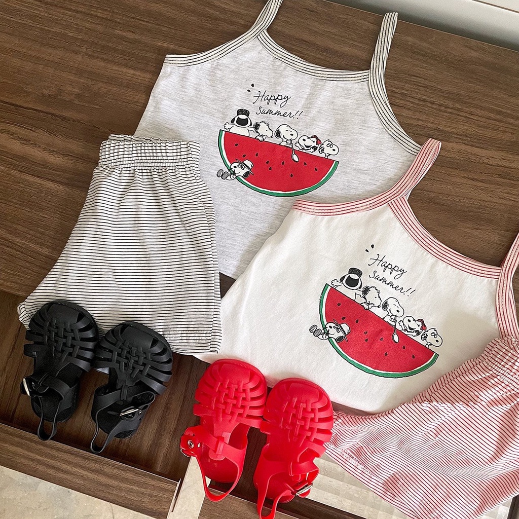 Bộ Áo Hai Dây + Quần Sooc In Họa Tiết Hoạt Hình Dễ Thương Thời Trang Mùa Hè Cho Bé